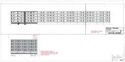 Fasadetegning som viser opprinnelig fasade (1975) og eksisterende fasade (1996) for bygningen 'Sorgard Terrasse'.
