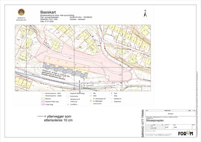Situasjonsplan (Basiskart) som viser tomtens beliggenhet, nabotomter, terrengforhold og planlagt byggefelt.