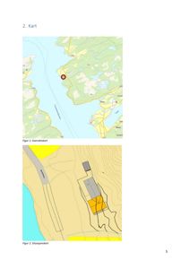 Bildet viser en side med to kart: et oversiktskart (Figur 1) som viser bygningens plassering i forhold til omgivelsene, og et situasjonskart (Figur 2) som viser detaljer om tomme, høydeforhold og bygningens plassering på tomta.
