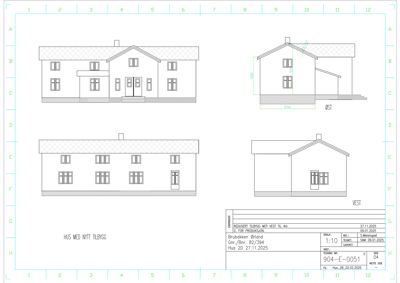 Fasadetegning som viser fronten (ØST) og siden (VEST) av et hus med nytt tilbygg.