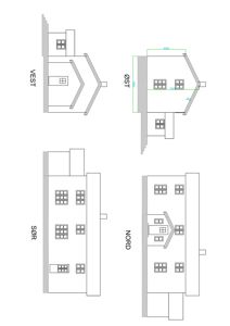 Fasadetegning som viser bygningens utsyn fra alle fire sider (Nord, Sør, Øst, Vest) med vinduer og takform.