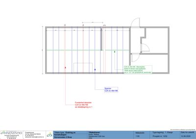 Konstruksjonstegning som viser detaljer for takstoler og sperrer i etasjen.