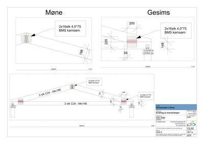 Snittegning som viser detaljer for møne og gesims med mål og konstruksjonsdetaljer.
