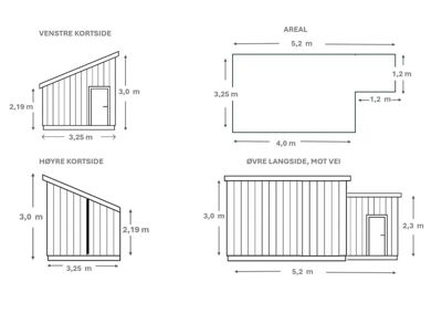 Fasadetegning som viser bygningens utseende fra fire ulike vinkler: venstre kortside, høyre kortside, øvre langside (mot vei) og et arealoppriss.