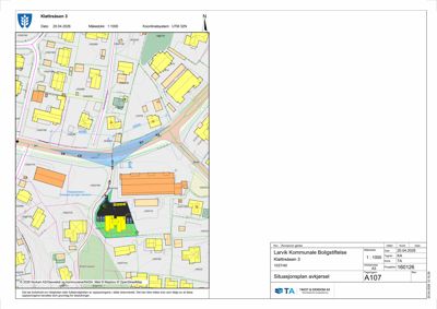 Situasjonsplan som viser bygningenes plassering, vegnett og topografi for Klettåsen 3.