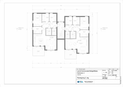 Plantegning av 2. etasje (A102) for et boligprosjekt i Klettelsen 3, med romfordeling, dimensjoner og snittreferanser.