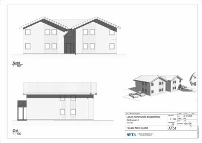 Fasadetegning som viser bygningens utsyn mot Nord og Øst, samt en 3D-visualisering av fasaden.
