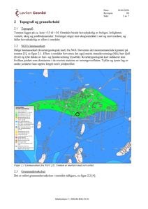 Et NGU-løsmassekart som viser geologiske lag og topografi i området, med tomten markert med en sort sirkel.