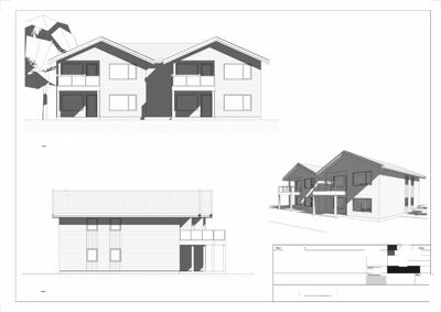 Fasadetegning som viser bygningens utseende fra sør og vest, inkludert vinduer, balkonger og takform.