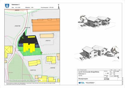 Situasjonsplan som viser tomtens beliggenhet, nabotomter, veier og en 3D-visualisering av den planlagte bygningen.