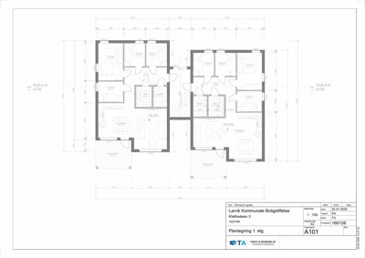 Plantegning av første etasje (1. etg) for et flerboligprosjekt (Klettelsen 3) med romfordeling, dimensjoner og snittreferanser.