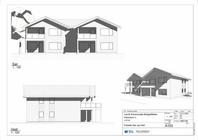 Fasadetegning som viser bygningens utseende fra sør og vest, inkludert vinduer, balkonger og takform.