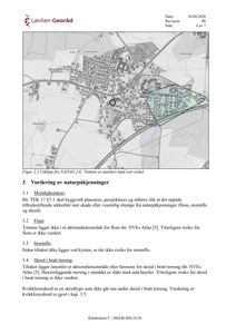Et kartutsnitt (NADAG) som viser et område med bygningsplasseringer, veier og en markert tomt.