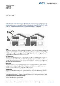 Et sort-hvitt fotografi av en planlagt tomtannsbolig med garasje og etasjeboliger.