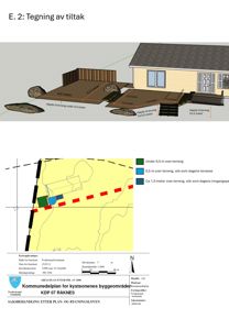 Bildet viser en situasjonsplan (Kommunedelplan) med fargekodet høydeinformasjon om terreng og terrasser, samt en 3D-visualisering av tiltak (terrassering) i forhold til eksisterende bygning.