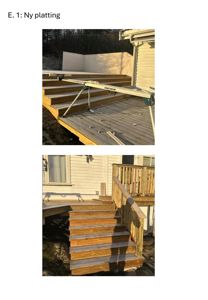 Fotografier av en trapp som er under bygging eller vedlikehold. Bildene viser både trappetrinnene og en nivåmåler som ligger på trappene.