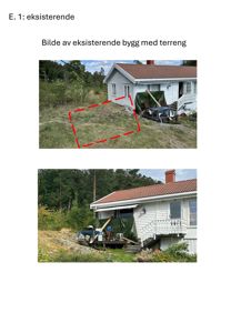 Fotografier av en eksisterende hvit villa med terrass og omgivelser, inkludert et rødt rektangel som markerer et område på tomma.