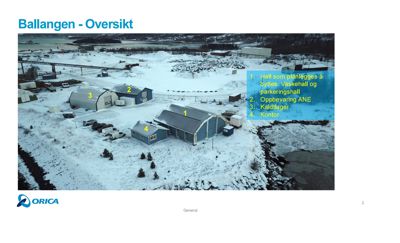Fotografi av et snødekt industriområde (Ballangen) med flere bygninger merket med tall og en oversiktsliste over funksjonene til bygningene.