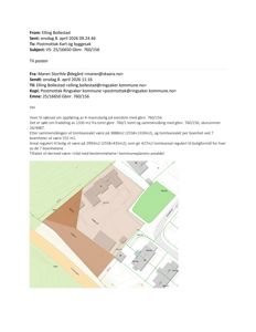 Situasjonsplan som viser eiendomsgrunn, tomteareal, bygningsspor og reguleringer for eiendom gbnr. 760/156.