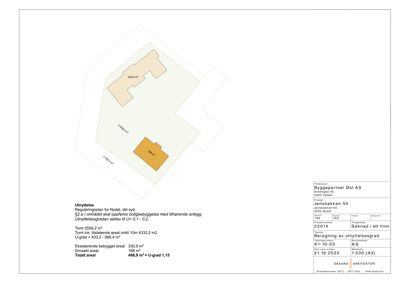 Situasjonsplan som viser tomtens form, eksisterende bebyggelse (gult) og planlagt utvidelse (lysgrønt), med beregnet arealoppdeling.