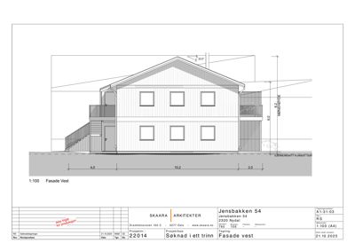 Fasadetegning av bygningen sett fra vest (Fasade Vest) med mål og detaljer.