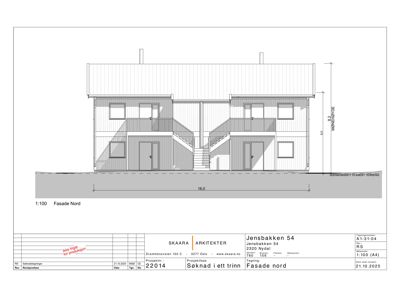 Fasadetegning (opprikk) av en toetasjes bygning sett fra nord.