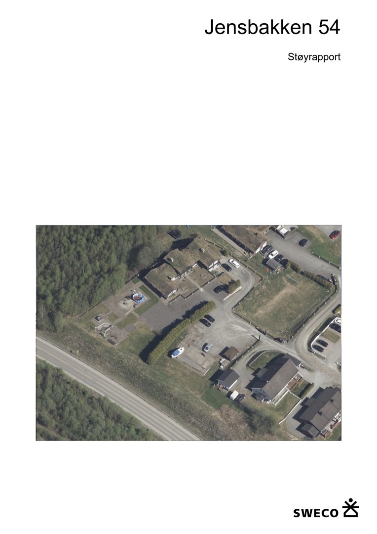 Flyfoto av eiendom ved Jensbakken 54, inkludert bygninger, parkeringsplasser og omgivende natur.
