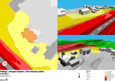 Bilde viser en 3D-kartvisualisering (rendering) som illustrerer beregnet støyfordeling i et område med bygninger og infrastruktur.