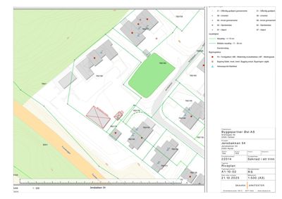 Situasjonsplan (riveplan) som viser tomtens grenser, nabotomter, eksisterende og planlagte bygninger med status, samt eiendomsnummer.