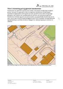 Et utsnitt fra et digitalt kart (Scalo Live) som viser detaljert avrenningsmønster, vannløp og eiendomsgrenser for et tiltaksområde.