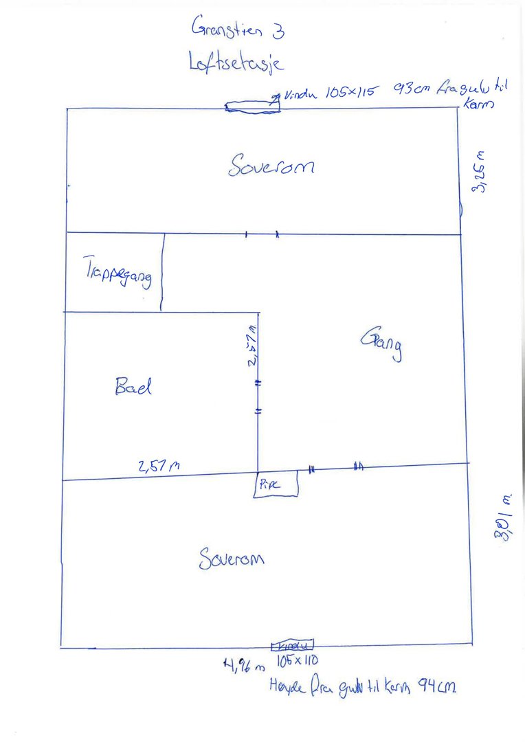 Håndskrevet etasjeplan (Grenstien 3, 1.etg) med romfordeling (soverom, bad, gang), dører og mål.