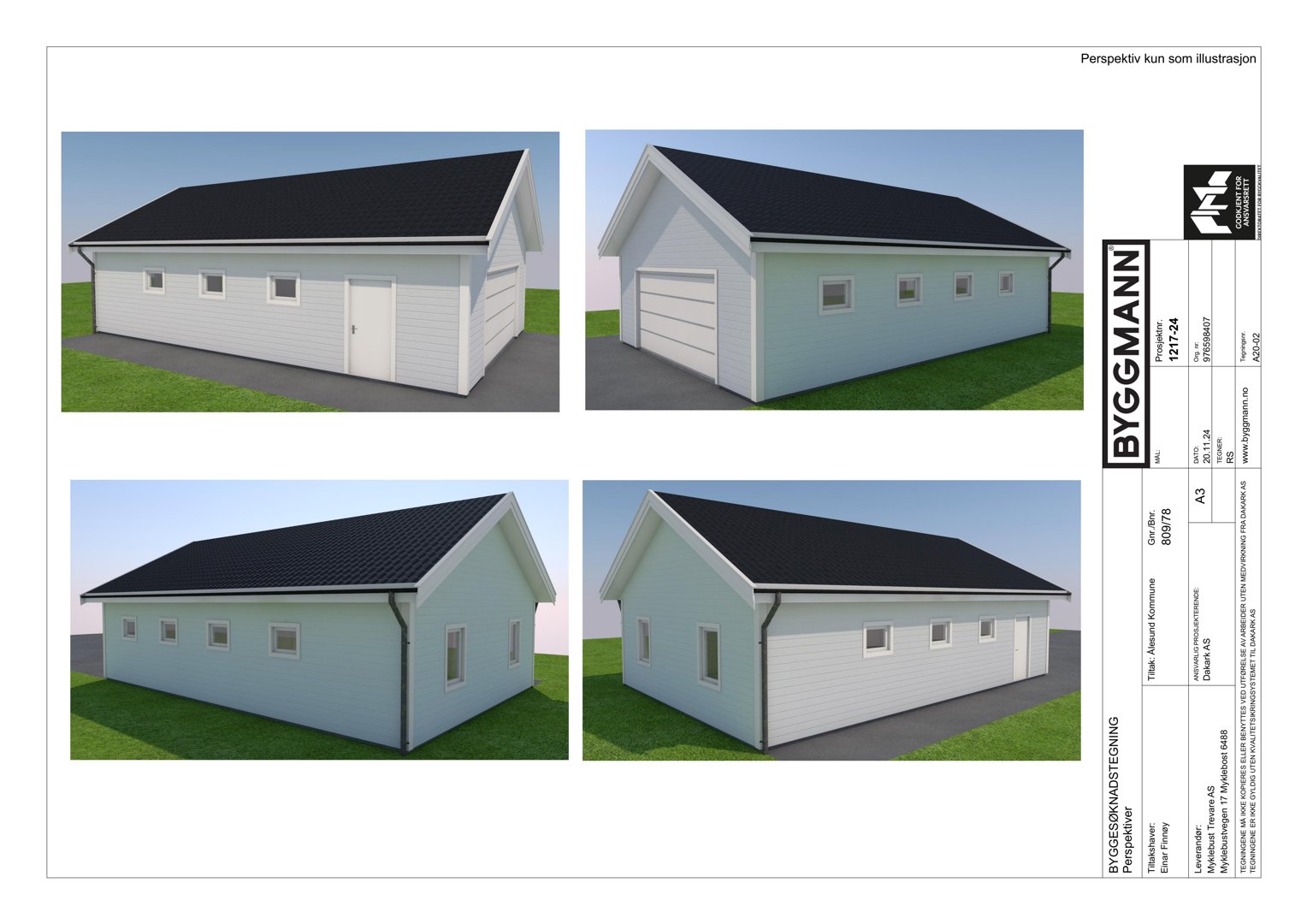 Fire perspektivtegninger (renderinger) av en planlagt garasje eller liten bygning, vist fra ulike vinkler.