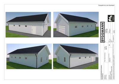 Fire perspektivtegninger (renderinger) av en planlagt garasje eller liten bygning, vist fra ulike vinkler.