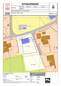 Situasjonskart som viser eiendomsnummer, naboeiendommer, veier og planlagt byggefelt.