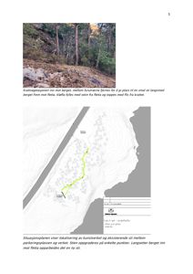 Situasjonsplan som viser lokaliseringsplan for et kunstverk i et naturområde, med topografi, eksisterende sti og planlagte endringer.