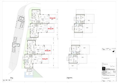 Etasjeplaner for fire boliger (B1-B4) med romfordeling, dimensjoner og parkeringsplasser.
