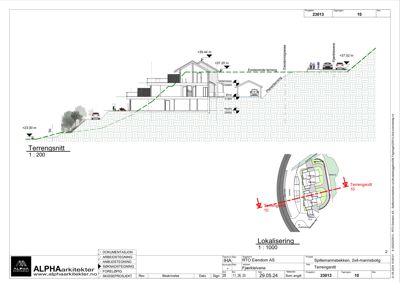 Tegning som viser et tverrsnitt gjennom bygningen (terrengsnitt) og en lokalisering av bygningen i forhold til terrenget.