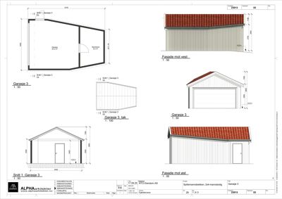 Tegning som viser fasader (mot vest og øst) samt snitt og takutsnitt for en garasje.