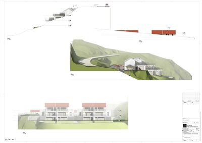 Fasadetegning som viser bygningens utseende fra ulike vinkler, inkludert et snitt gjennom fasaden og situasjonsvisning.