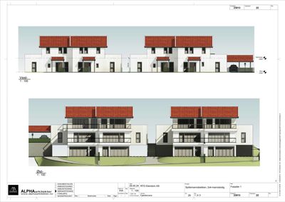 Fasadetegning som viser bygningens utseende fra vest og øst med mål, detaljer og tegningsnummer.