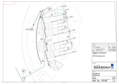 Situasjonsplan som viser tomtens grenser, eksisterende og planlagt infrastruktur (rørledninger, veier), samt bygningers plassering i forhold til omgivelsene.