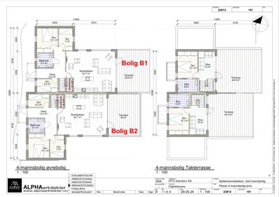 Plantegning som viser romfordeling og dimensjoner for to boliger (Bolig B1 og Bolig B2) samt en takterrasse.