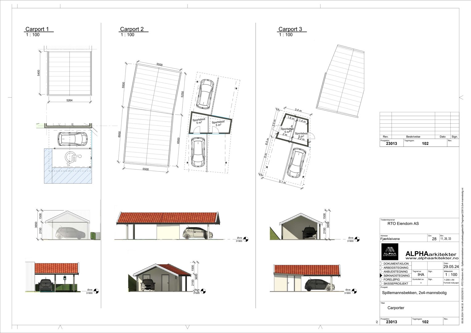 Illustrasjon av tre ulike carport-varianter med perspektivtegninger og 2D-snitt.
