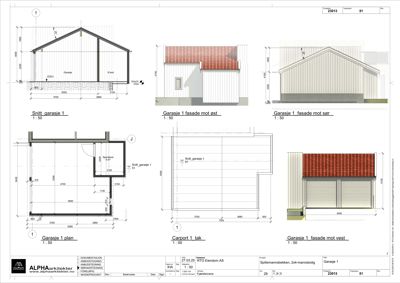 En tegningssamling som viser både etasjeplan (Garasje 1 plan) og snittegninger (Snitt garasje 1) for en garasje.