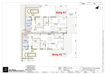 Etasjeplan som viser romfordeling, mål og funksjoner for to boliger (A1 og A2) i en spilemannsbekk.