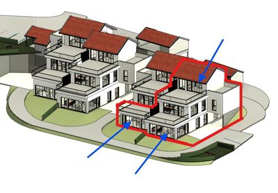 3D-visualisering av en boligbebyggelse med markerte områder (rød linje og blå pil) som indikerer fokusområder eller endringer.