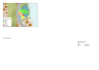 Situasjonsplan som viser tomtens beliggenhet, nabolag, vegnett og arealbruksinndeling (fargekodet).