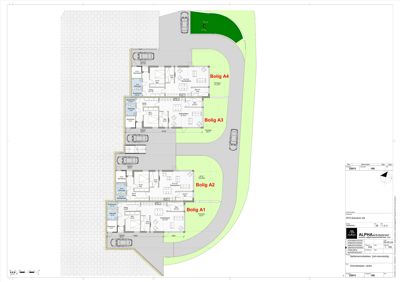 Etasjeplan (overetasjeplan) som viser romfordeling, parkeringsplasser og fasade for fire boliger.