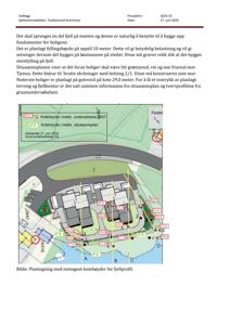 Situasjonsplan med tegnet bygning, terrengkonturer og kotehøyder for fjellprofil.
