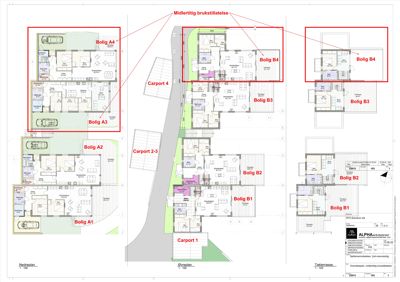 Etasjeplan (nedre plan) som viser romfordeling, boligenheter (A1-A4, B1-B4), carporter og parkeringsplasser.